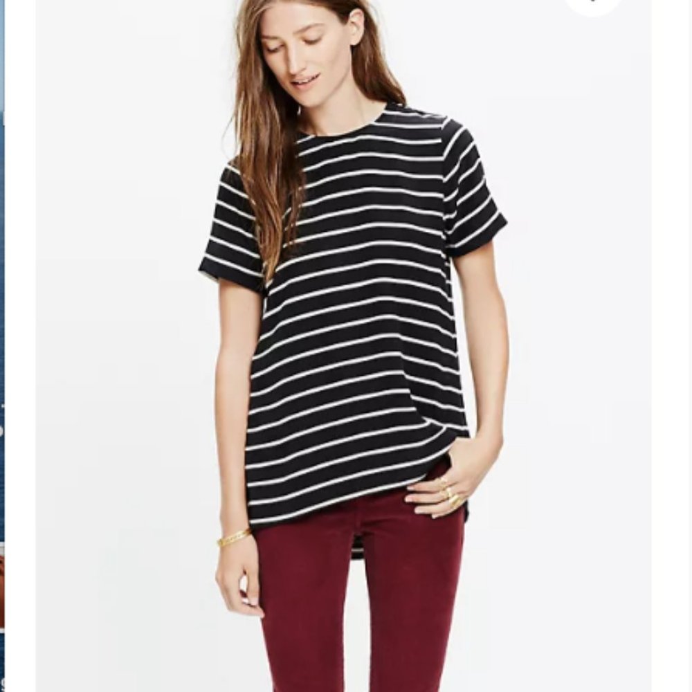 Madewell Silk Tailored Tee in Black and White Stripe | Size XS